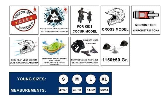 Sway SW-618 Çocuk Cross Full Face Kask YXL Beden 53-54cm Siyah Neon Sarı